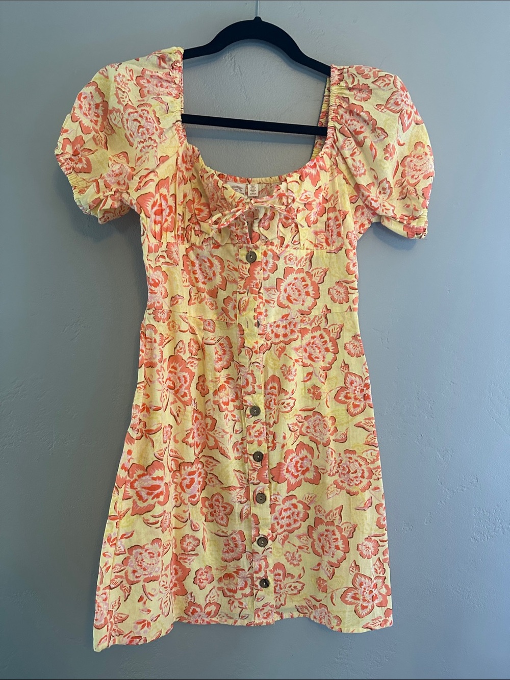 Billabong Wrangler Yellow Dress with Coral Floral Print and Puff Sleeves